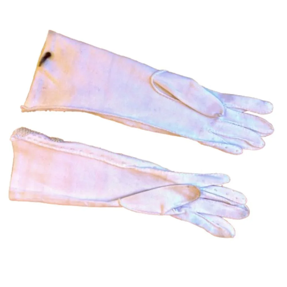 Vintage Hong Kong White Gloves With Beads Flowers Mid Elbow Length Womens 7